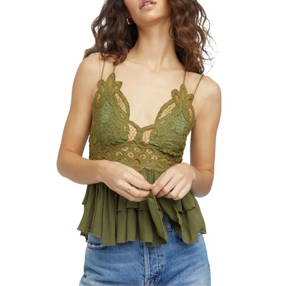 Free People Tops - Free People Adella Cami in Olive Green Boho Chic Ruffles Top Size Small